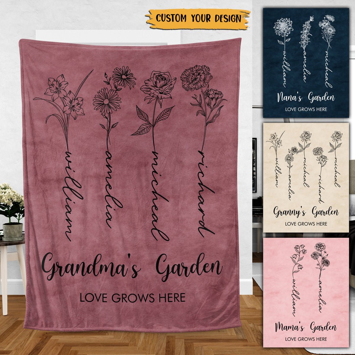 Grandma's Garden Birth Flower - Personalized Blanket - Best Gift For Grandma - Giftago