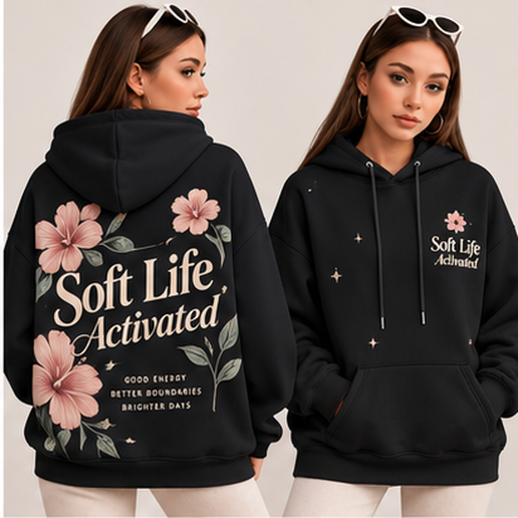 Soft Life Activated – Midnight Bloom Oversized Hoodie