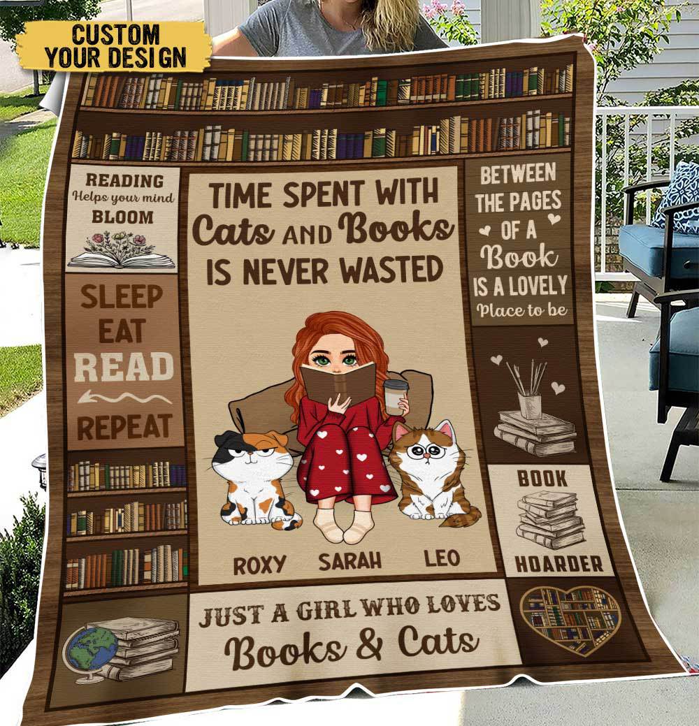 Time Spent With Cats And Books Is Never Wasted (Chibi) - Personalized Blanket - Thoughtful Gift For Birthday, Christmas - Giftago