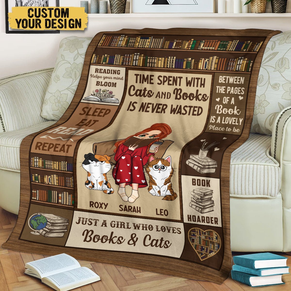 Time Spent With Cats And Books Is Never Wasted (Chibi) - Personalized Blanket - Thoughtful Gift For Birthday, Christmas - Giftago