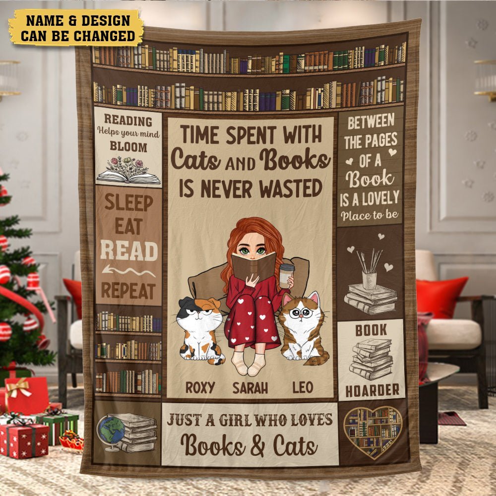 Time Spent With Cats And Books Is Never Wasted (Chibi) - Personalized Blanket - Thoughtful Gift For Birthday, Christmas - Giftago