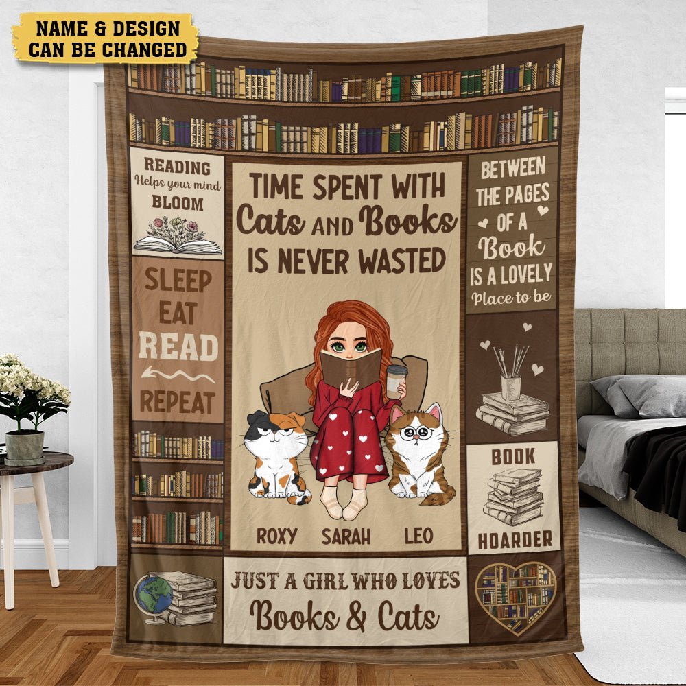 Time Spent With Cats And Books Is Never Wasted (Chibi) - Personalized Blanket - Thoughtful Gift For Birthday, Christmas - Giftago