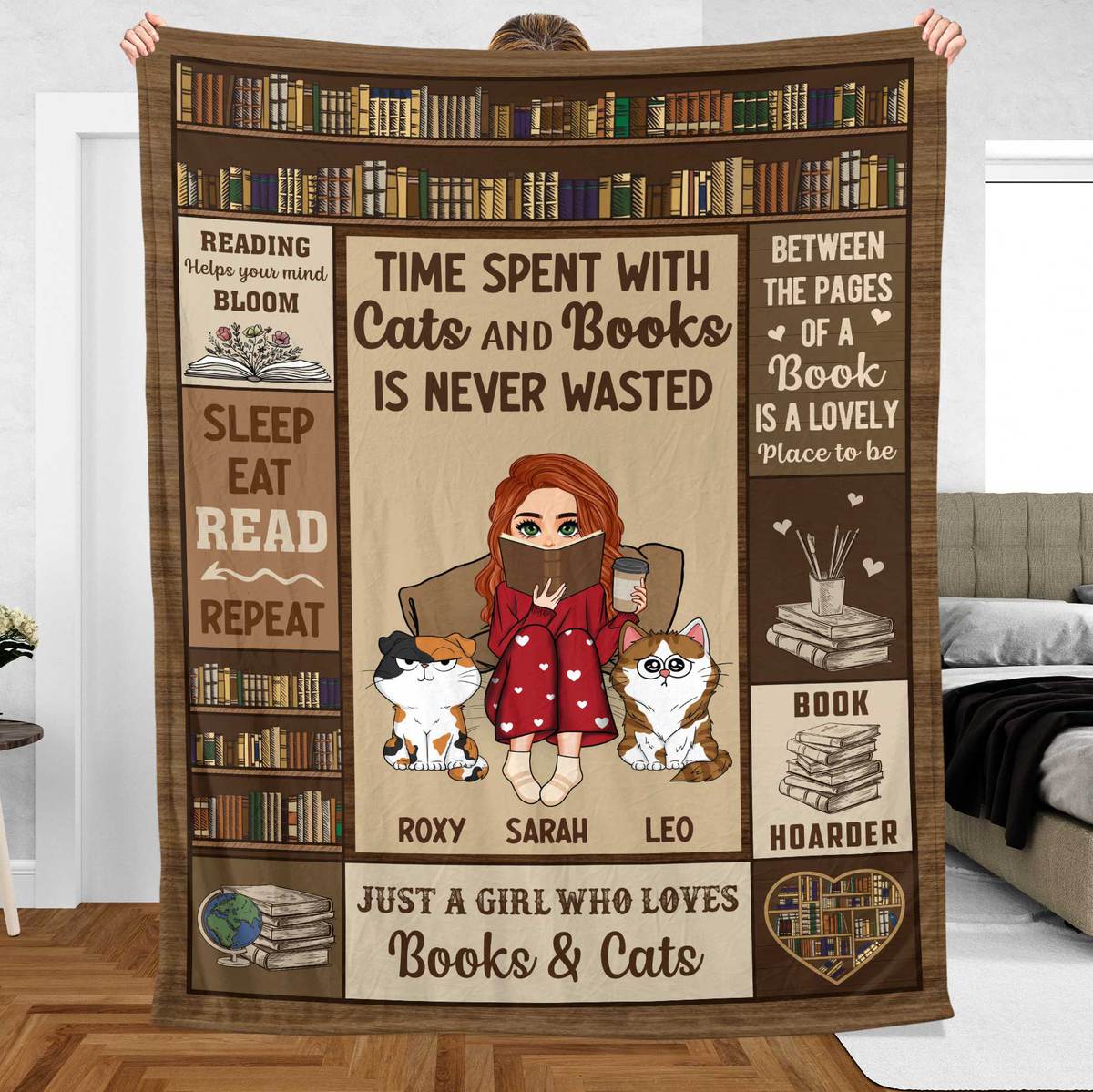 Time Spent With Cats And Books Is Never Wasted (Chibi) - Personalized Blanket - Thoughtful Gift For Birthday, Christmas - Giftago