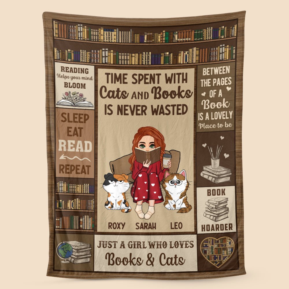 Time Spent With Cats And Books Is Never Wasted (Chibi) - Personalized Blanket - Thoughtful Gift For Birthday, Christmas - Giftago