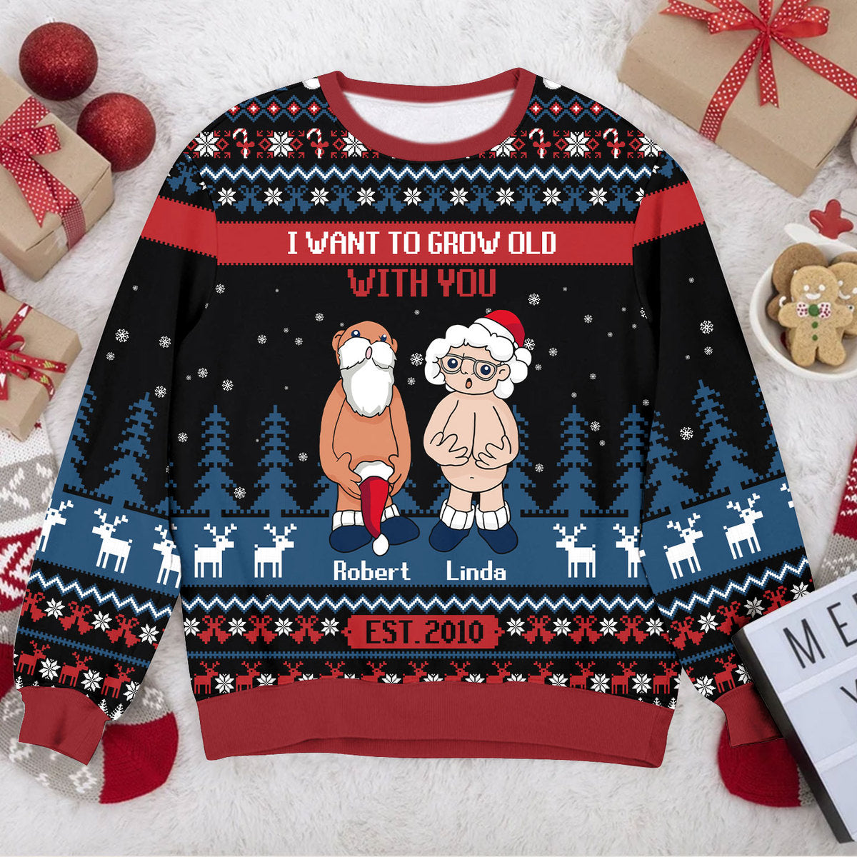 Personalized Ugly Sweater - I Want To Grow Old With You Funny Old Couple - Gift For Couple