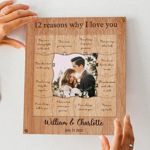 Personalized Frame - 12 Reasons Why I Love You With Custom Date Wooden Puzzle Piece Collage
