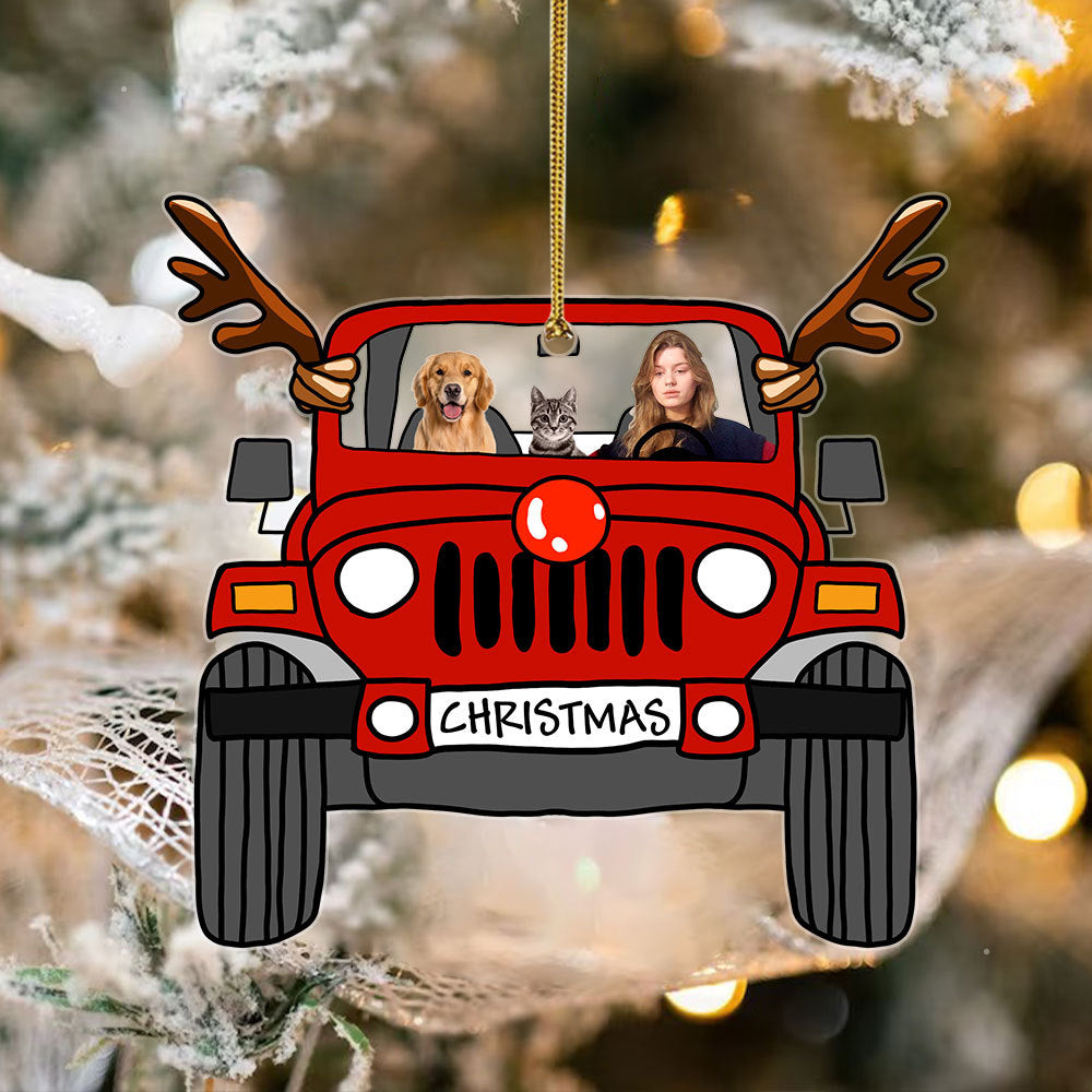Customized Christmas Ornament With Pets - Off Road Car Reindeer Funny Photo Ornament - Giftago - 1