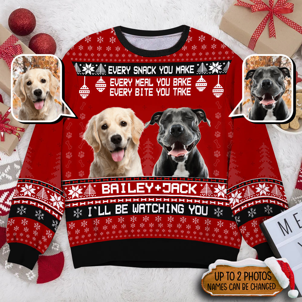 Dog Every Bite You Take I'll Be Watching Human Photo Red Christmas Funny Ugly Sweater - TG1122TA - Giftago