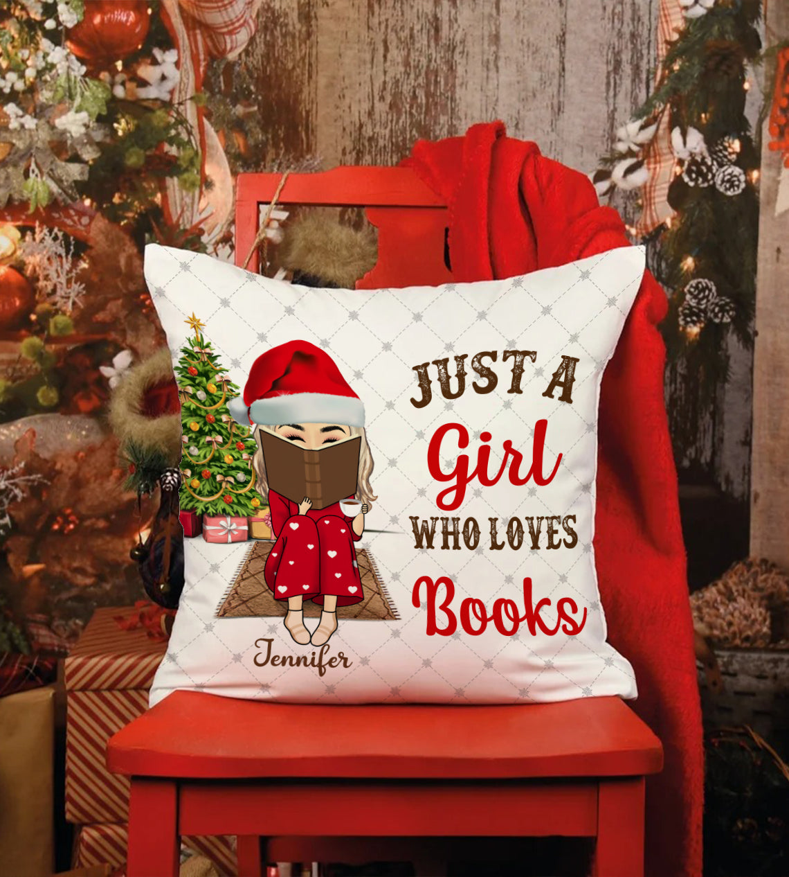 Christmas Tree Just A Girl Who Loves Book Name Title Pillow - TG1022QA - Giftago