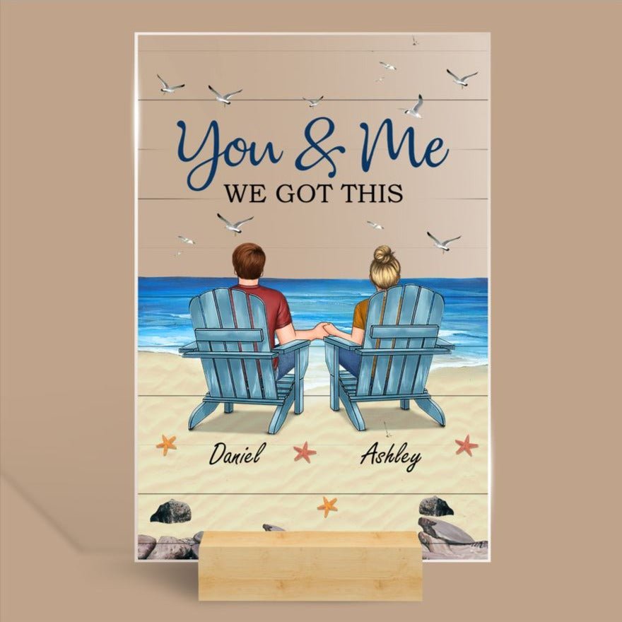 Back View Couple Sitting Beach Landscape - You & Me We Got This - Personalized Acrylic Plaque - Best Gift for Valentine's Day - Giftago