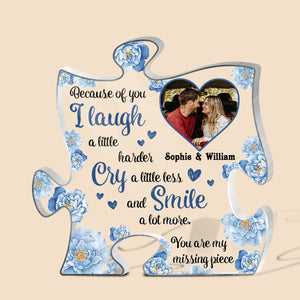 Because Of You I Laugh A Little Harder Blue Flowery - Personalized Puzzle Plaque - Giftago