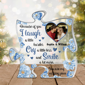 Because Of You I Laugh A Little Harder Blue Flowery - Personalized Puzzle Plaque - Giftago