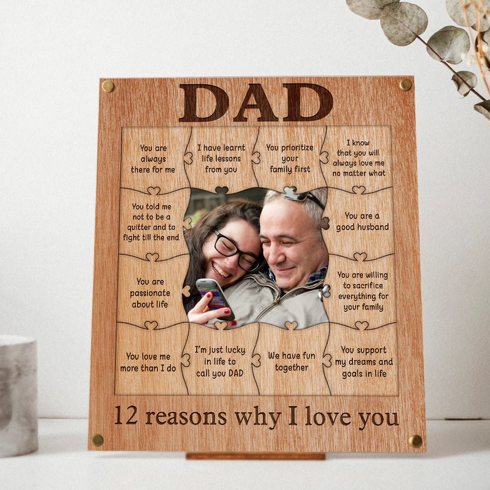 Dad 12 Reasons Why I Love You Wooden Puzzle Piece Collage - Personalized Frame - Giftago