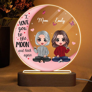 Doll Mommy & Daughter On Moon - Personalized Round Acrylic LED Lamp - Best Gift For Mother - Giftago