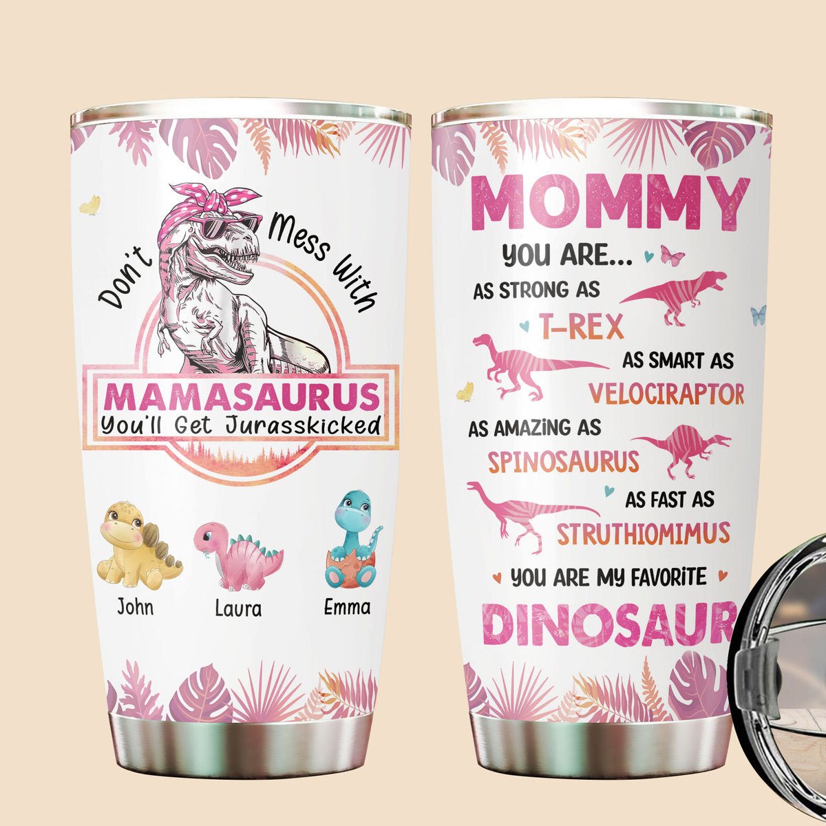 Personalized Tumbler - Mamasaurus With Tropical Pattern