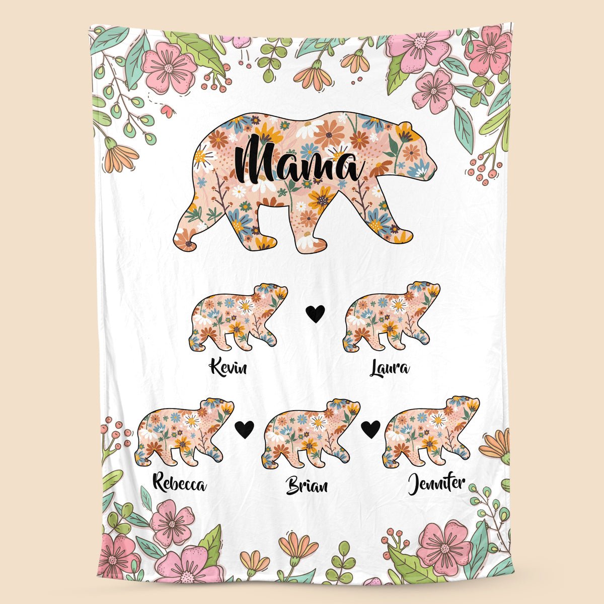 Personalized Mom Blanket - Flower Mama Bear - Gift For Mom
