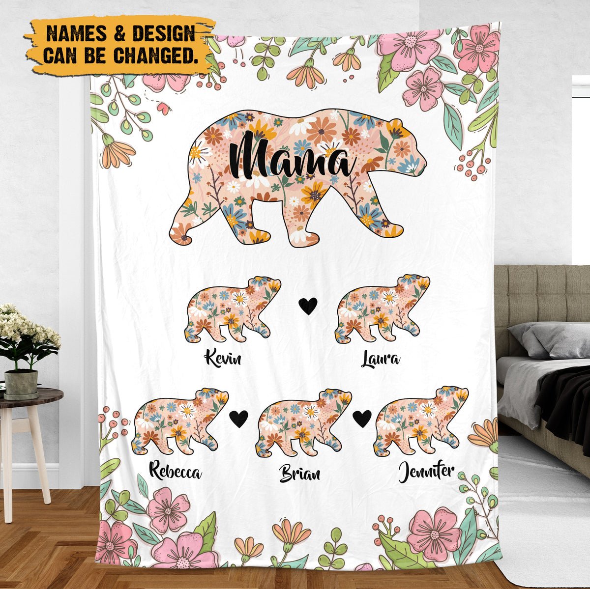 Personalized Mom Blanket - Flower Mama Bear - Gift For Mom