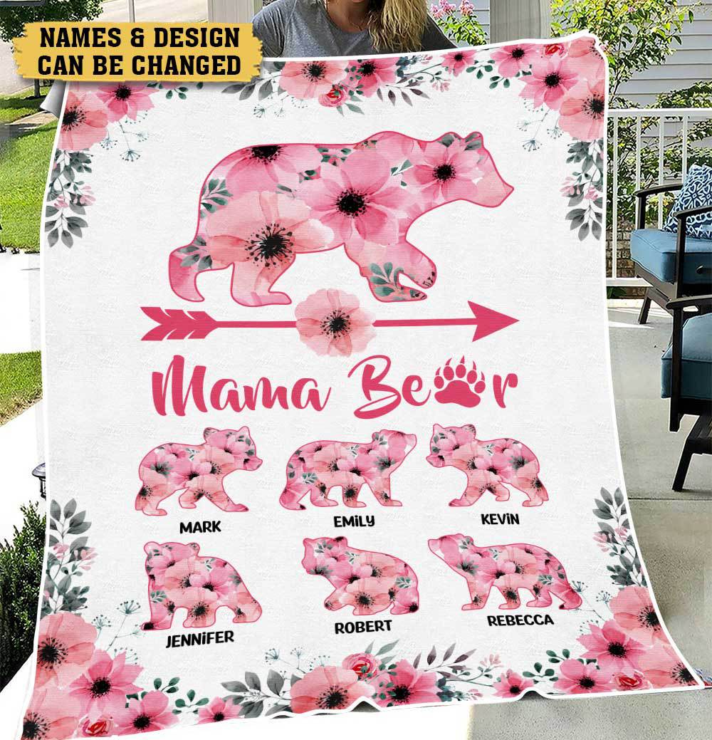 Personalized Mom Blanket - Flower Mama Bear - Gift For Mom