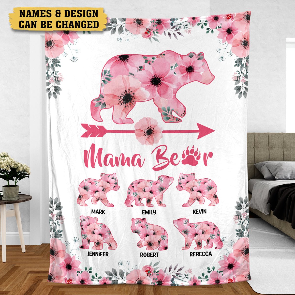 Personalized Mom Blanket - Flower Mama Bear - Gift For Mom