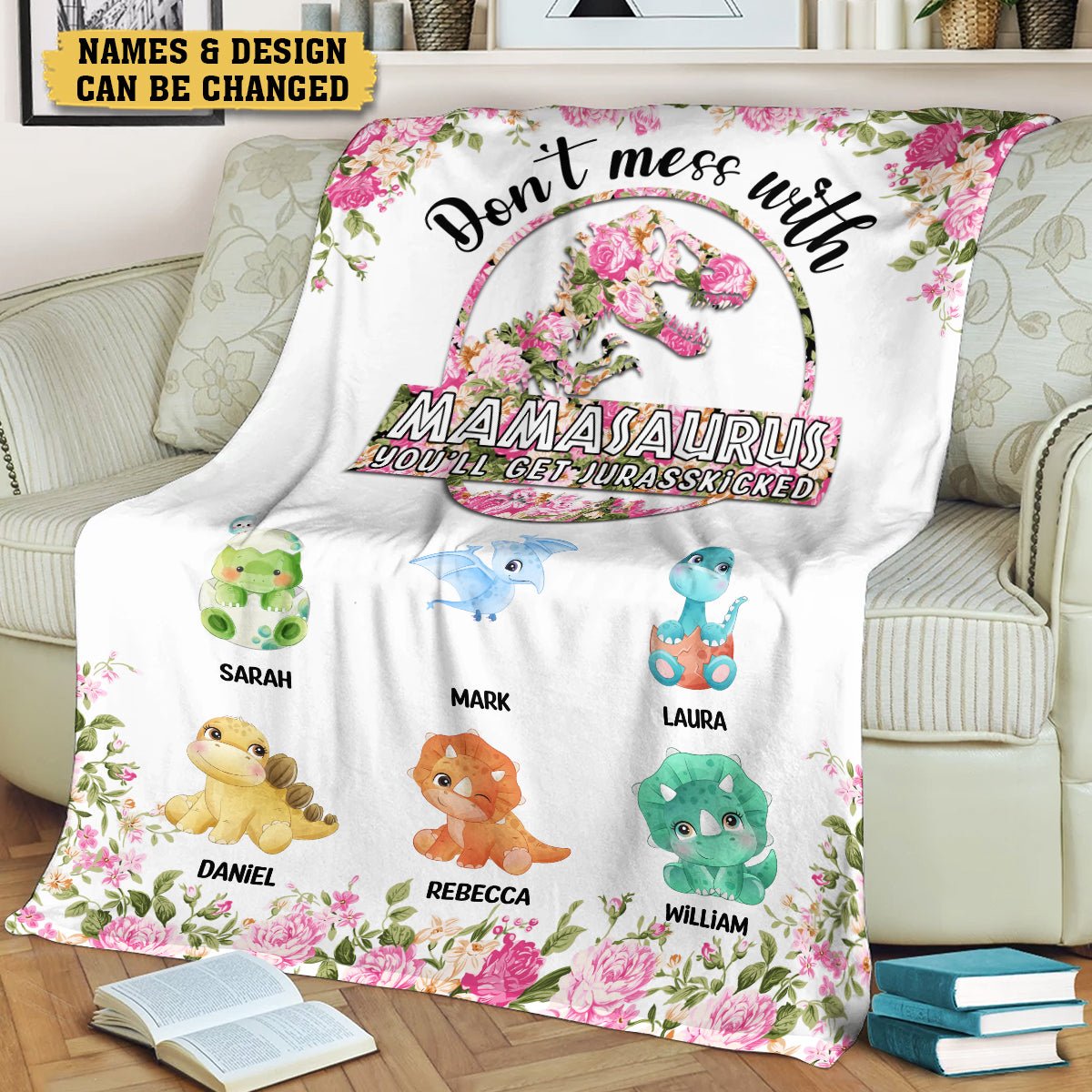 Personalized Mom Blanket - Flower Mamasaurus - Gift for Mom