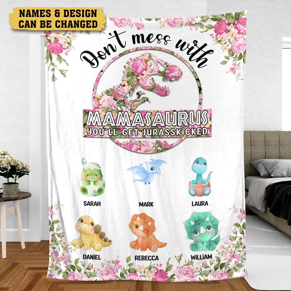 Personalized Mom Blanket - Flower Mamasaurus - Gift for Mom