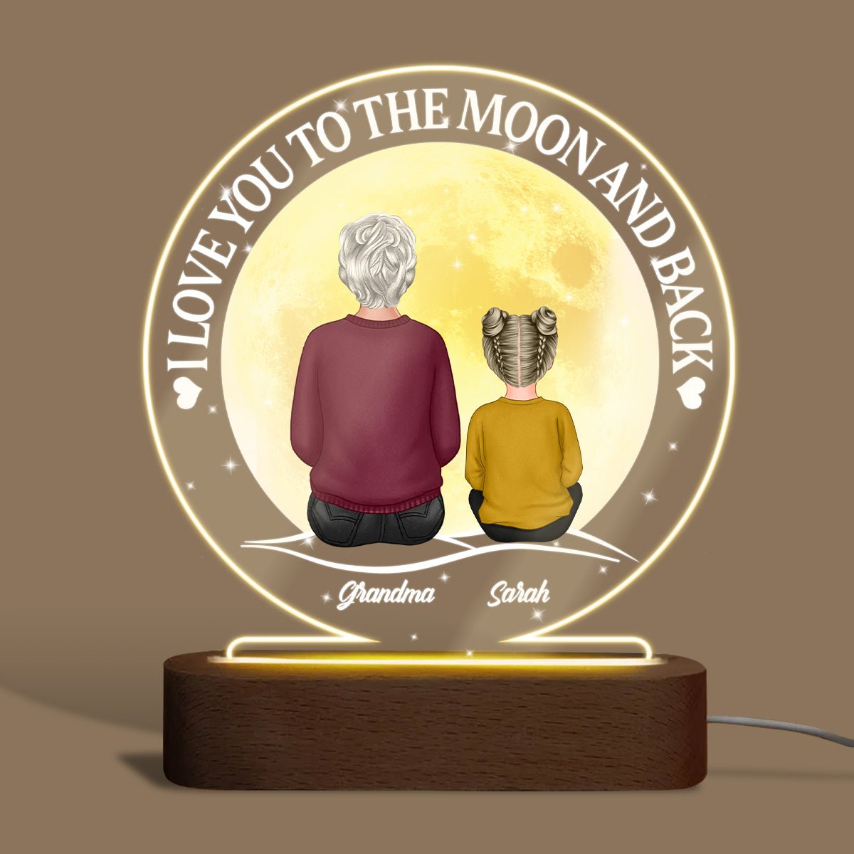 Grandma And Kid Sitting In Moon Night Love - Personalized Round Acrylic LED Lamp - Best Gift For Mother, Grandma - Giftago