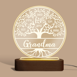 Grandma Family Tree With Names In Heart - Personalized Round Acrylic LED Lamp - Best Gift For Mother - Giftago
