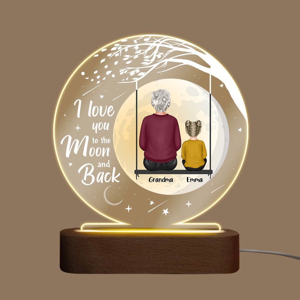 Grandma & Grandchild Sitting On Swing In Moon Night - Personalized Round Acrylic LED Lamp - Best Gift For Mother, Grandma - Giftago