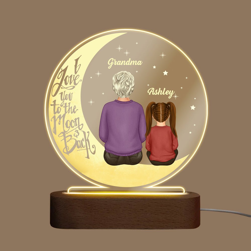 Grandma Mom And Kid On The Moon - Personalized Round Acrylic LED Lamp - Best Gift For Grandma - Giftago