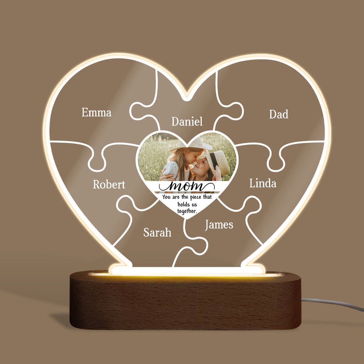 Heart Photo Mom Piece Holds Us Together - Personalized Heart Acrylic LED Lamp - Best Gift For Mother - Giftago