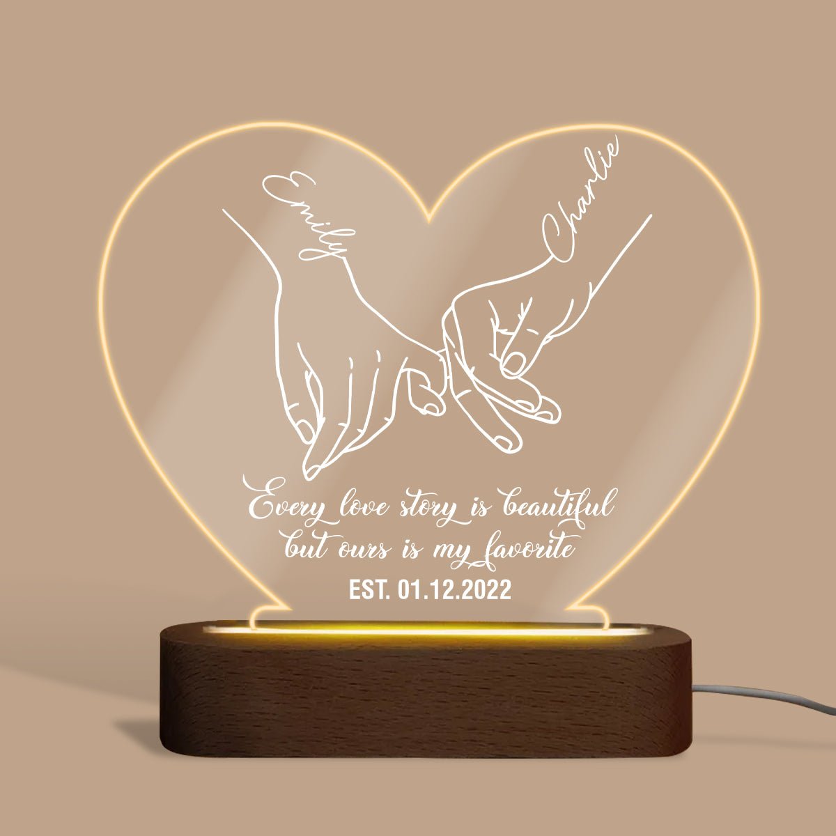 Holding Hands Our Story Is My Favorite - Personalized Heart Acrylic LED Lamp - Best Gift for Couple - Giftago