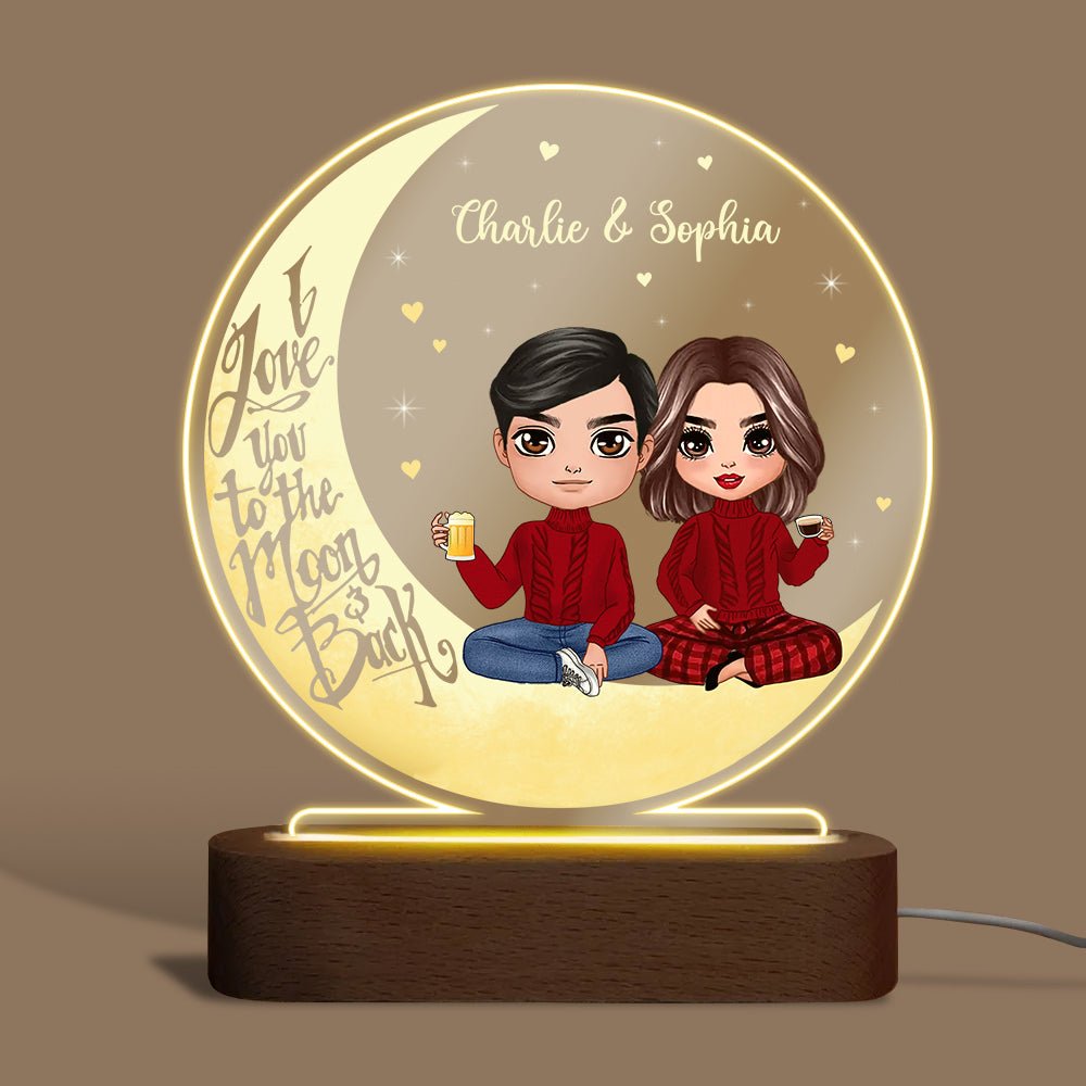 I Love You To The Moon And Back Doll Couple - Personalized Round Acrylic LED Lamp - Best Gift For Couple - Giftago