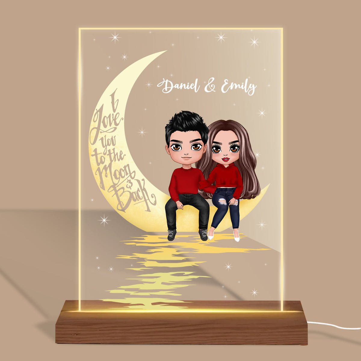 I Love You To The Moon Doll Couple - Personalized Acrylic LED Lamp - Best Gift for Couple - Giftago