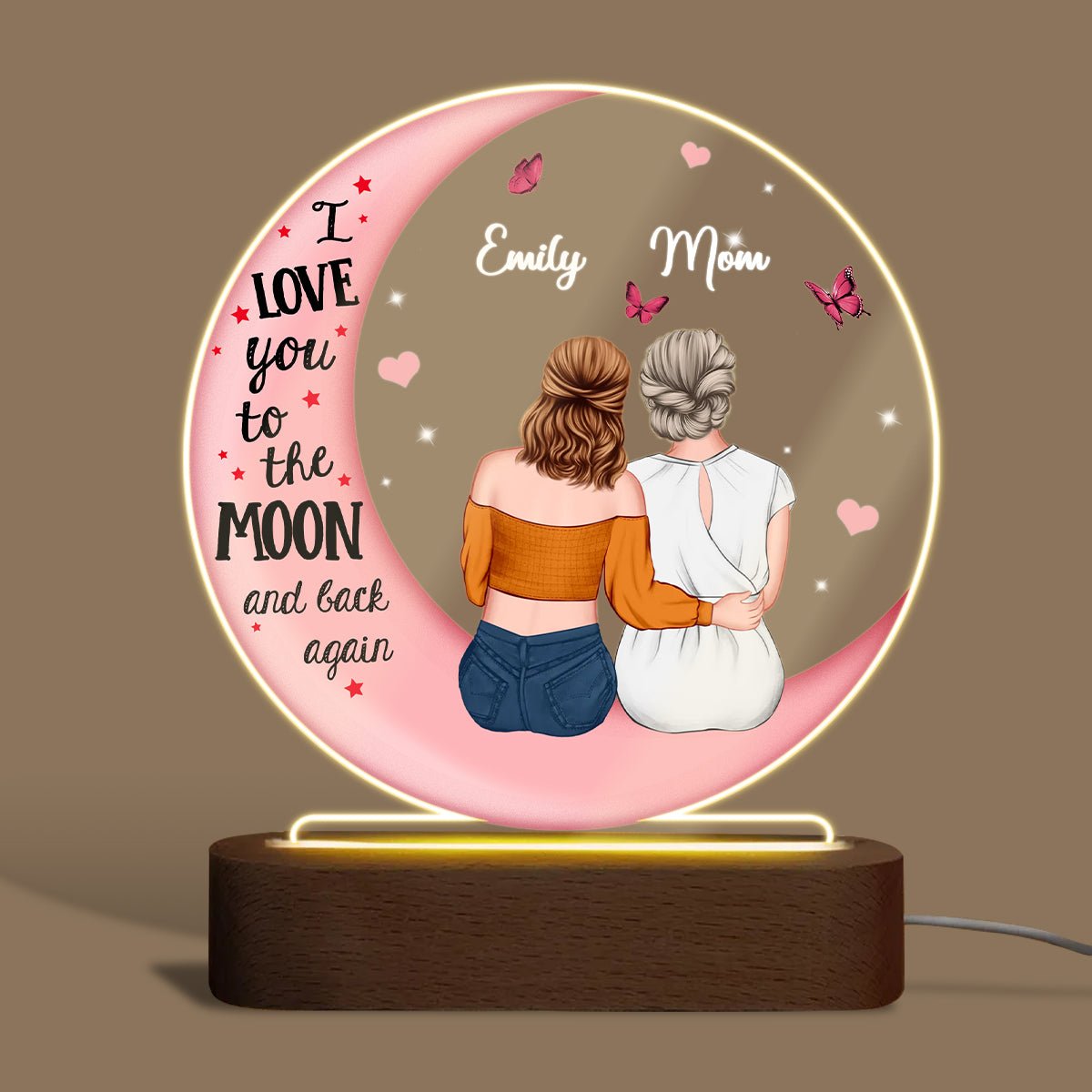 Love You To The Moon And Back Mommy And Kid - Personalized Acrylic Round LED Lamp - Best Gift for Mother - Giftago