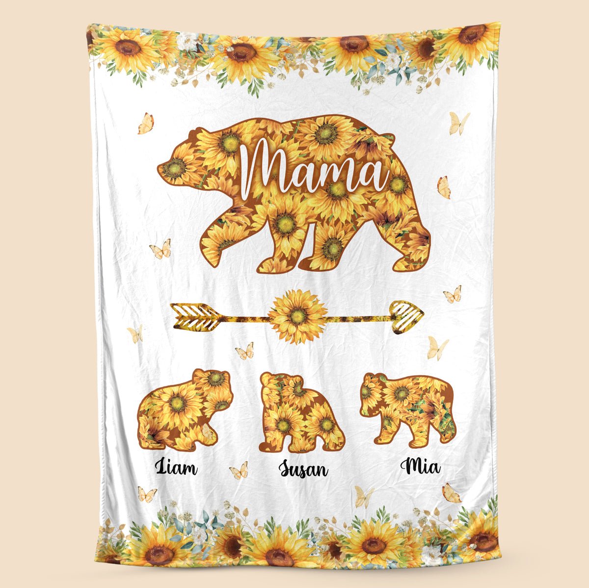Personalized Mom Blanket - Mama Bear Sunflower - Gift For Mother