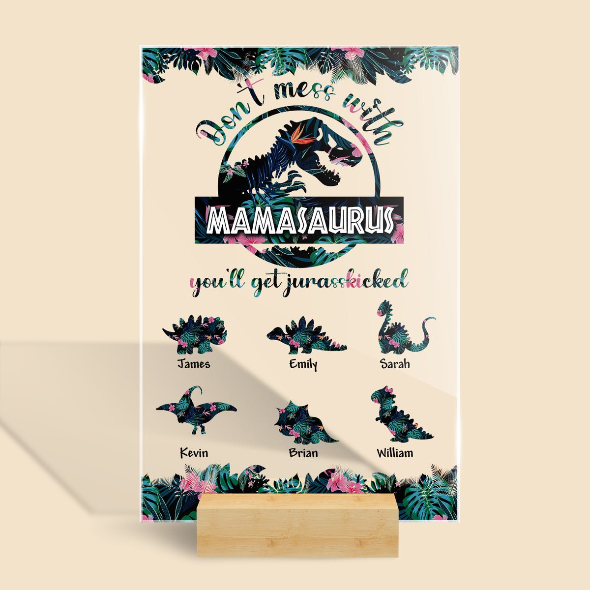 Mamasaurus And Baby Dinosaurs Tropical Forest - Personalized Acrylic Plaque - Best Gift For Mother - Giftago