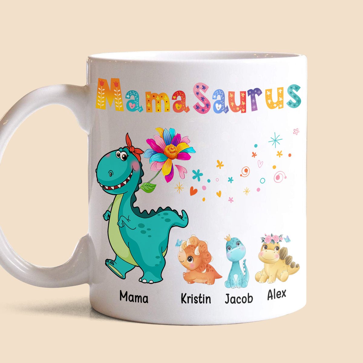 Mamasaurus Colorful - Personalized White Mug - Best Gift For Mother - Giftago
