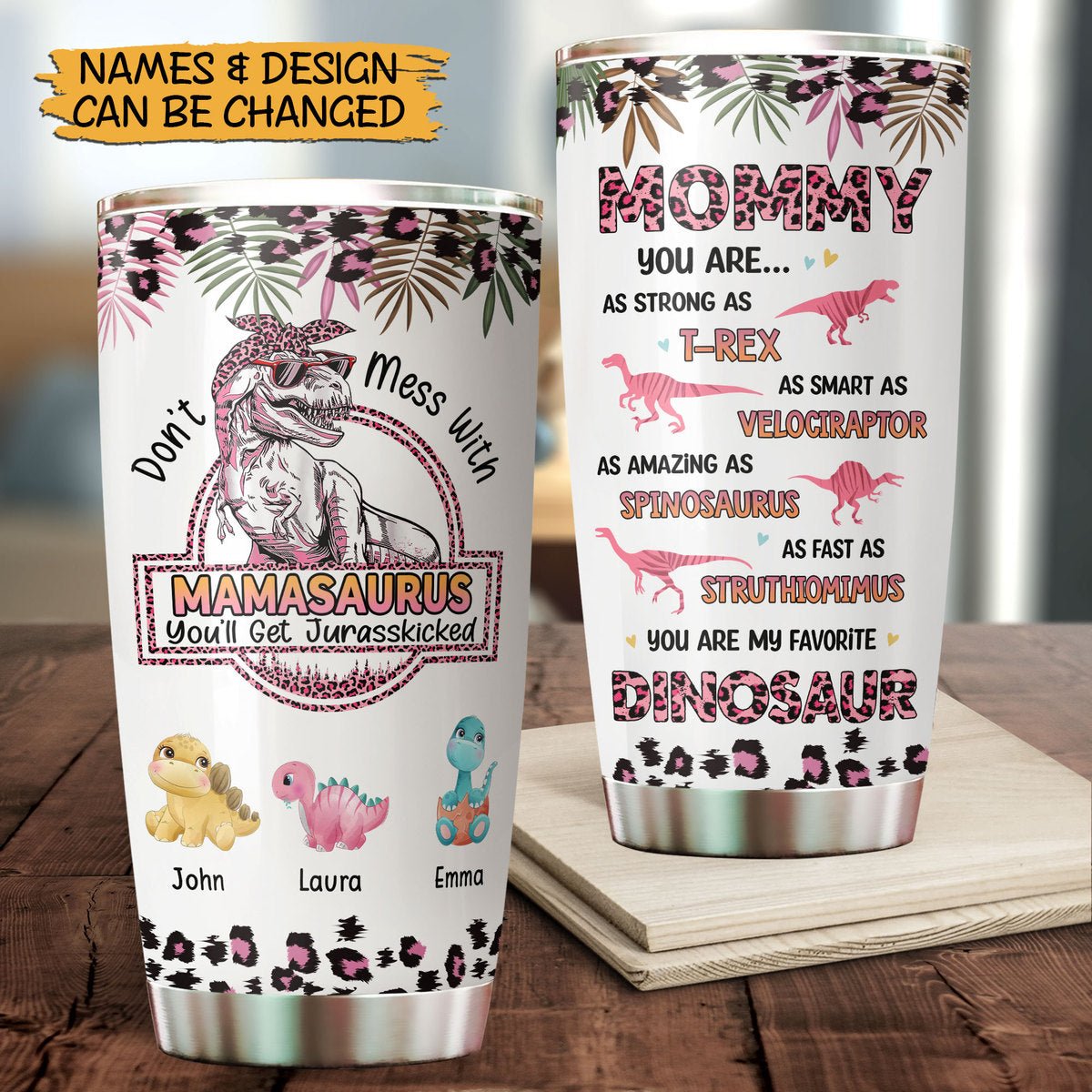 Personalized Mom Tumbler - Mamasaurus Leopard Pattern (White Version)