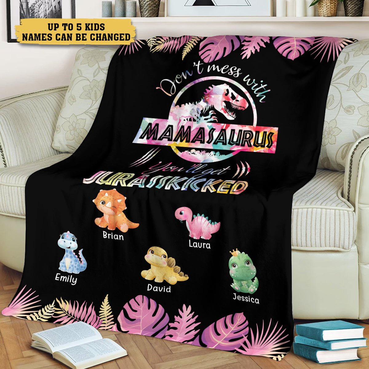 Personalized Mom Blanket -  Mamasaurus Pink Flower Blanket - 3