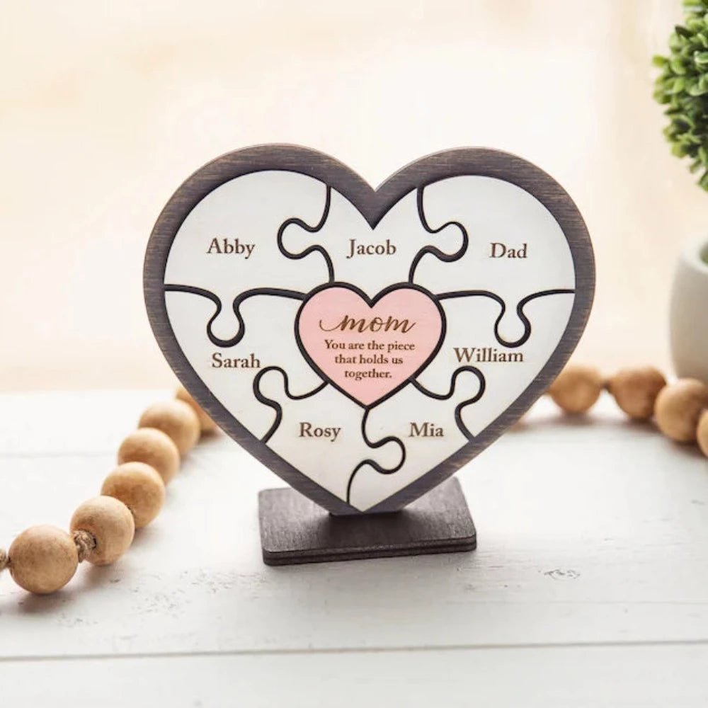 Personalized Heart Puzzle Wood Sign - Mom You Are The Piece That Holds Us Together - Giftago - 1