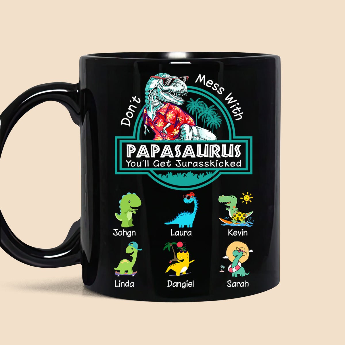 Papasaurus Hawaii With Kid - Personalized Black Mug - Best Gift For Father - Giftago