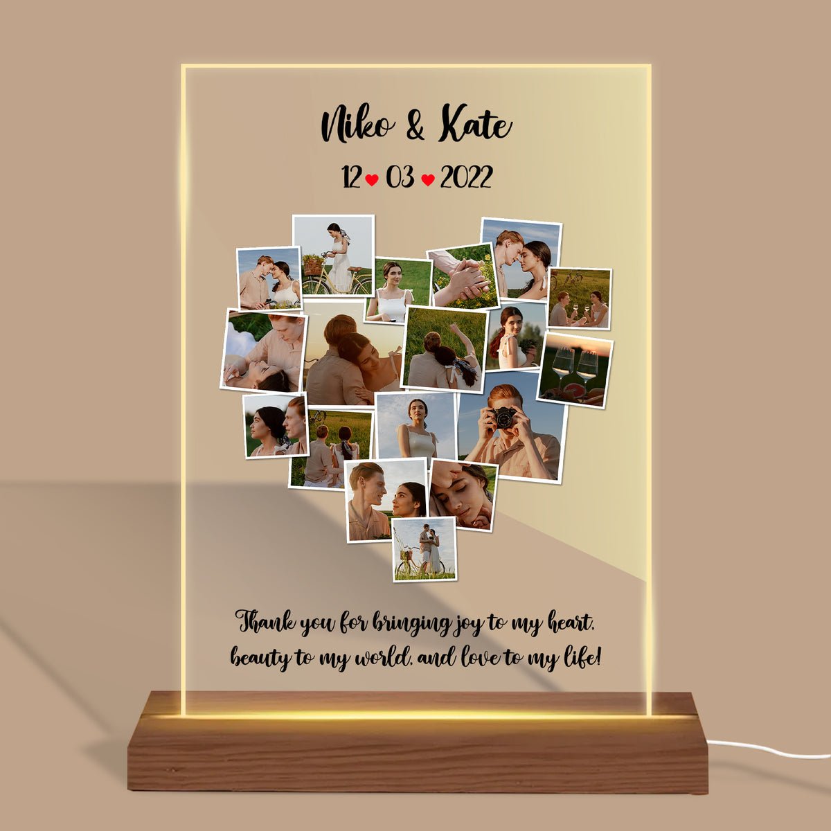 Photo Collage Heart Shape And Custom Message - Personalized Acrylic LED Lamp - Giftago