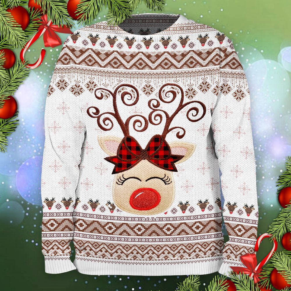 Christmas Reindeer Sweatshirt - Reindeer Plaid Bow Ugly Sweater - Giftago