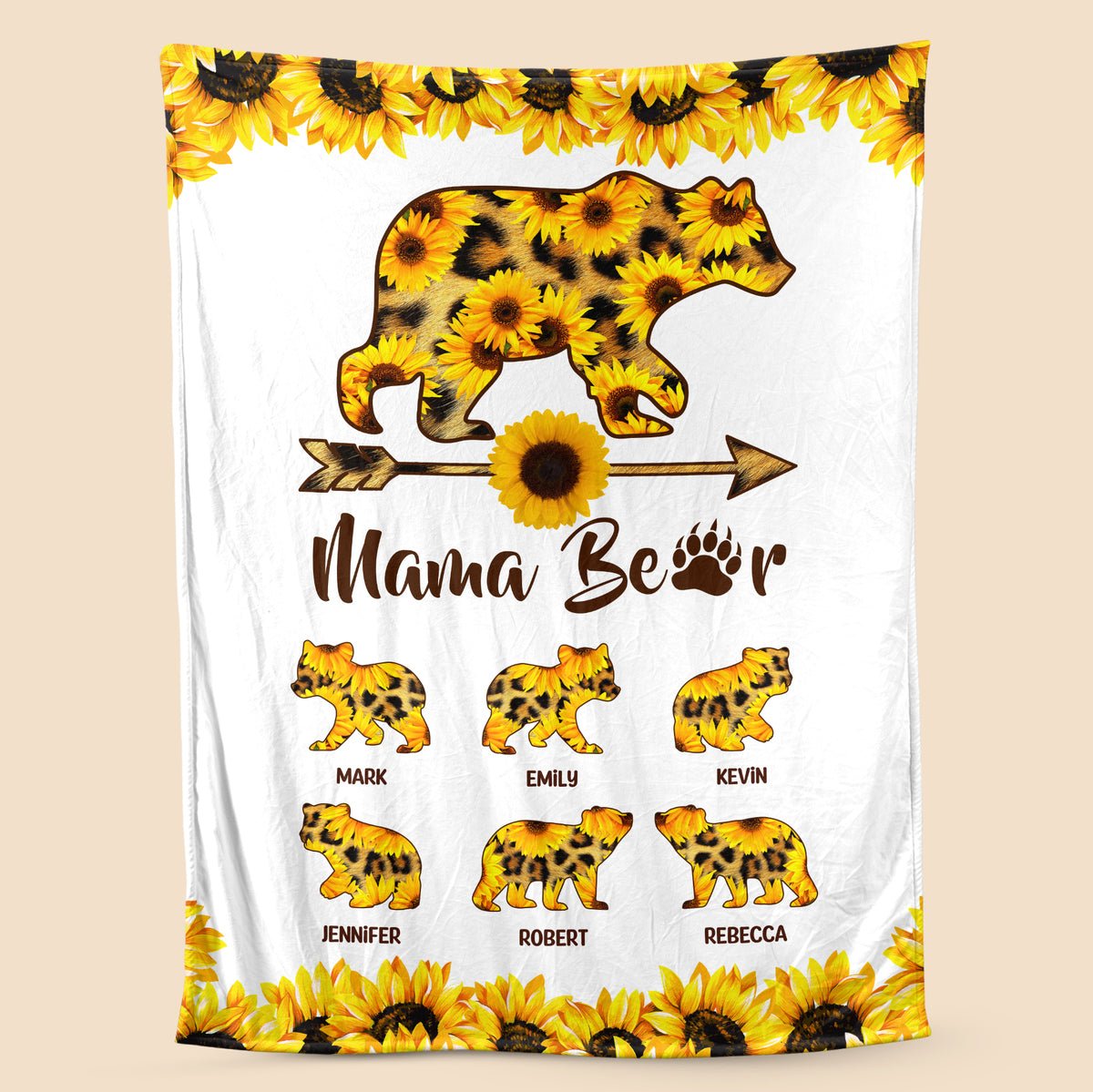 Personalized Blanket With Names - Sunflower Mama Bear With Leopard Pattern - Giftago - 1