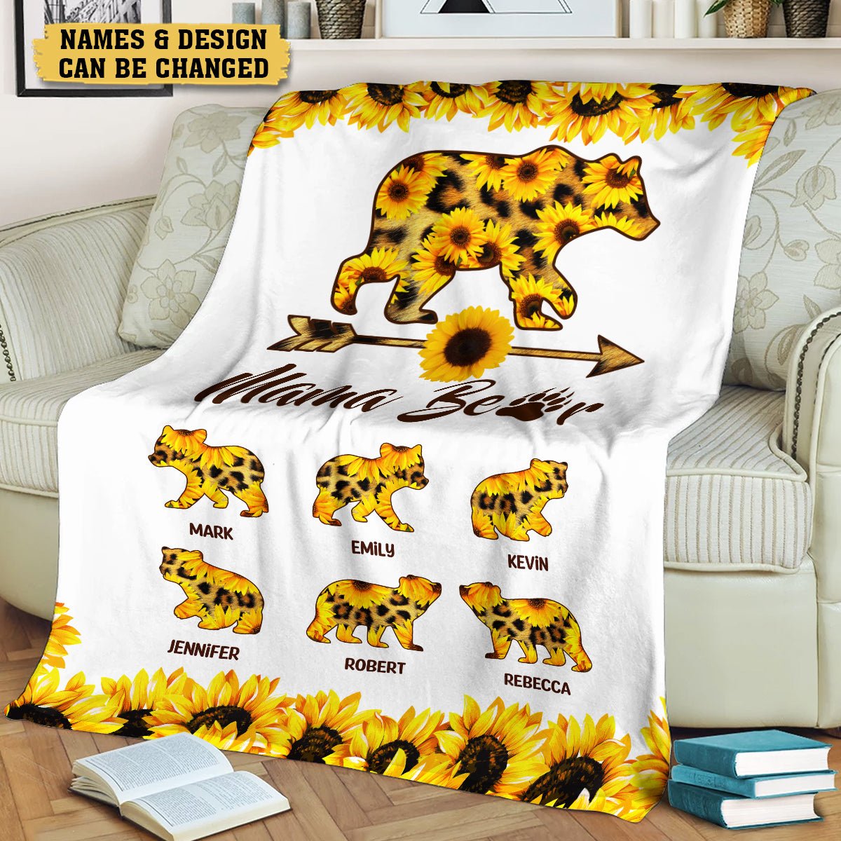Personalized Mom Blanket - Mama Bear Sunflower - Gift For Mother