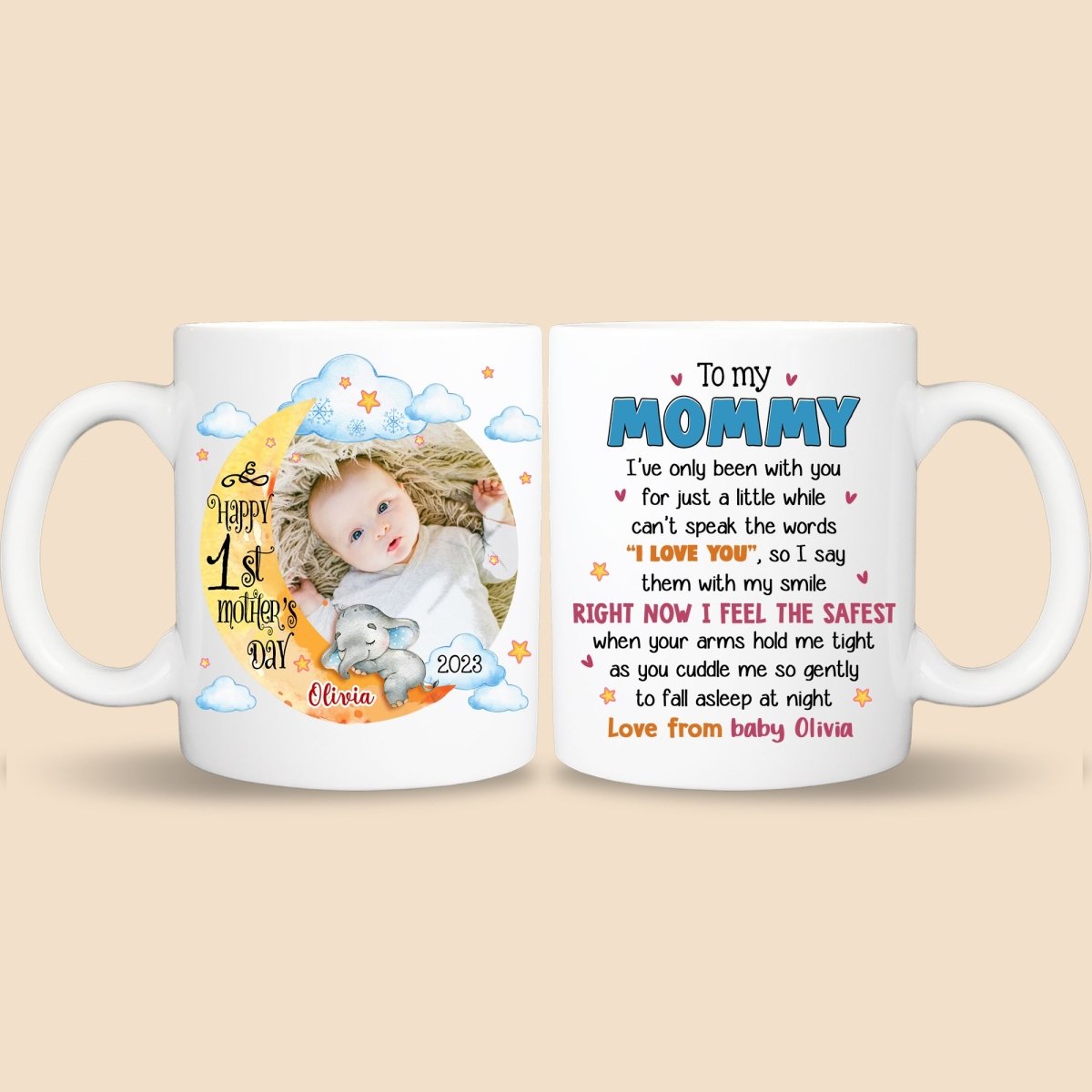 To Mommy 1st Mother's Day Baby Photo Moon Elephant - Personalized White Mug - Best Gift For Mom - Giftago