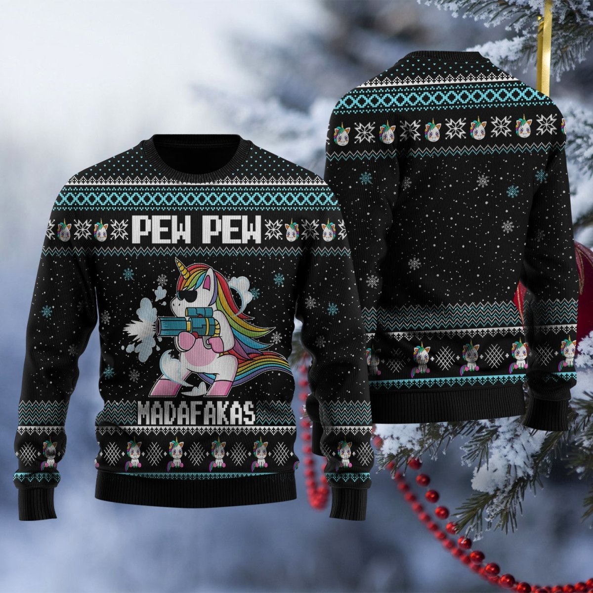 This Ugly Christmas Sweater features a whimsical design of a unicorn spraying a shower of Christmas lights - perfect for any ugly sweater party - Giftago - 2