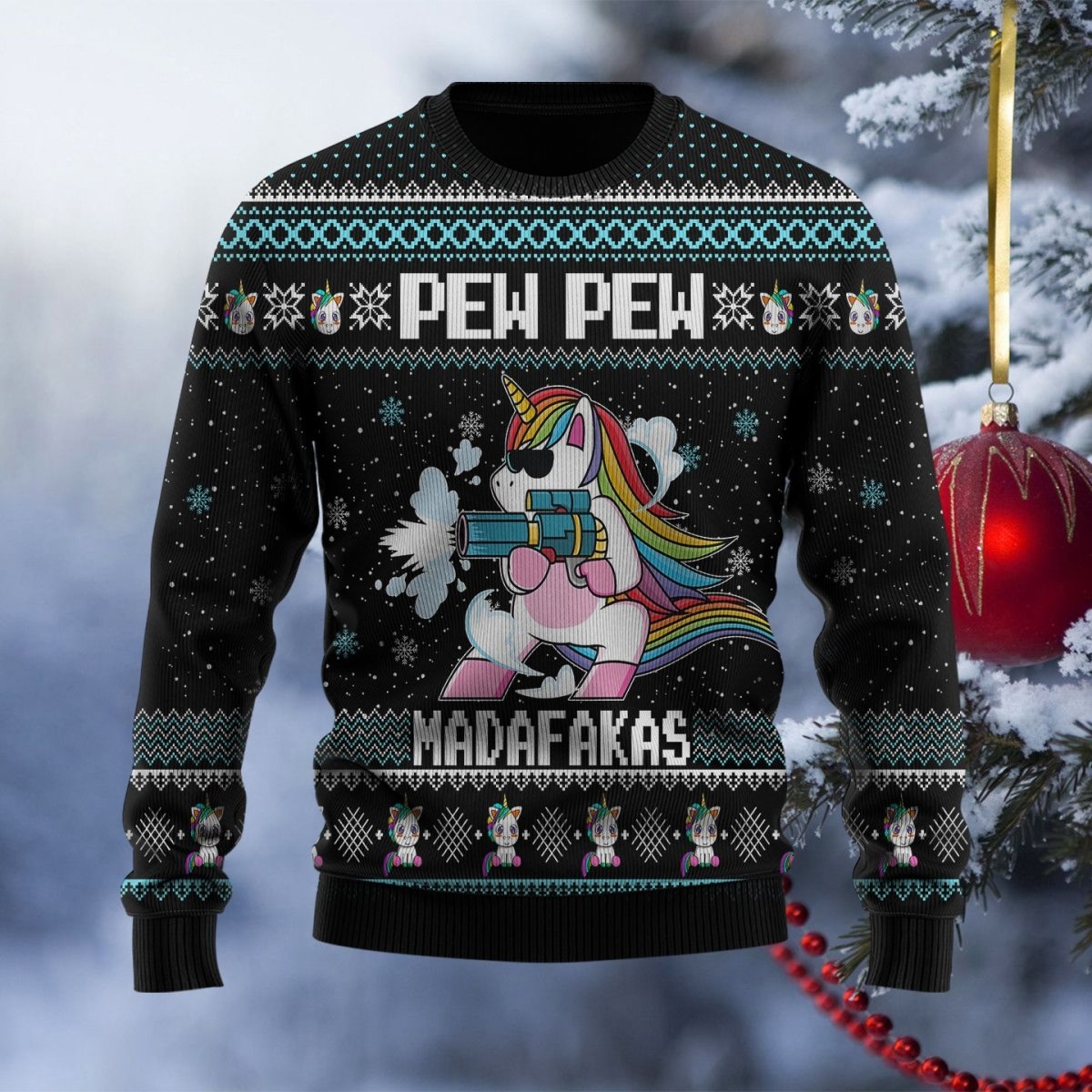 This Ugly Christmas Sweater features a whimsical design of a unicorn spraying a shower of Christmas lights - perfect for any ugly sweater party - Giftago - 1
